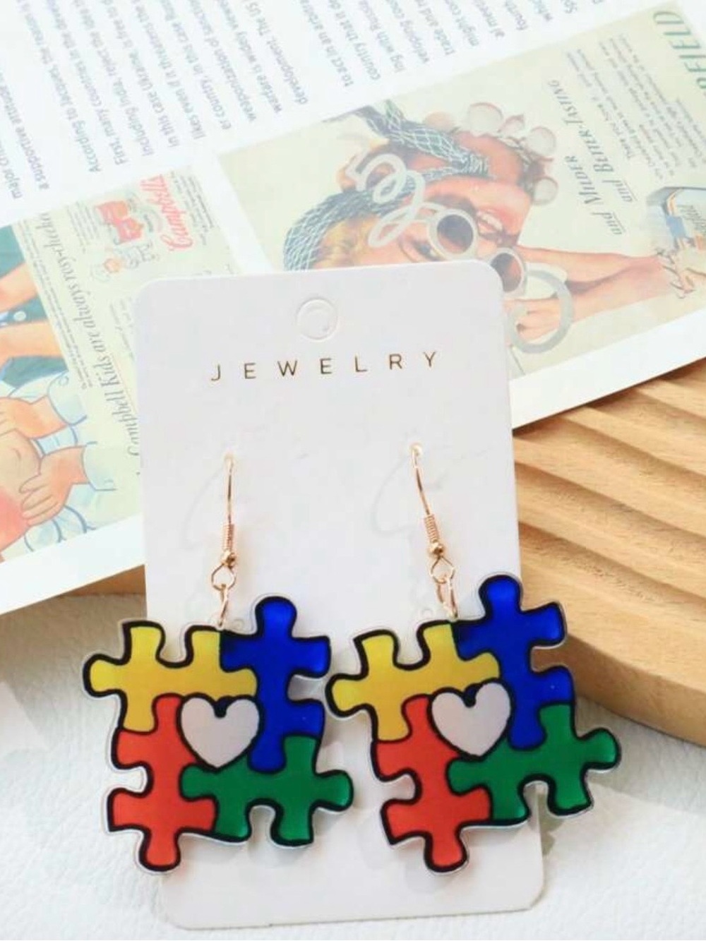 Colorful Autism Puzzle Piece Heart Drop Earrings - Multicolor